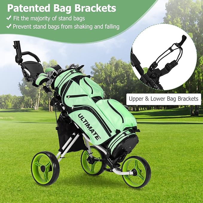 Tangkula Golf Push Pull Cart with Seat, Lightweight Folding 3 Wheels Trolley W/Storage Bag, Foot Brake, Adjustable Umbrella Holder & Seat, 4 Height Position Handle (Green)