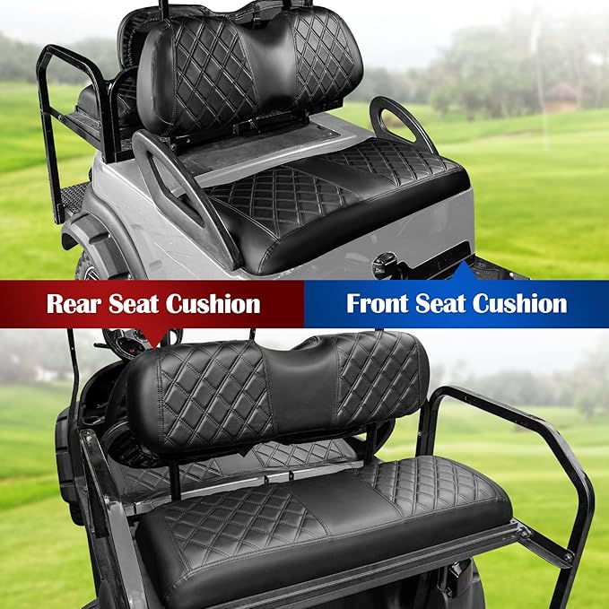 NOKINS 4PCS Golf Cart Diamond Seat Covers Kit,Front and Rear Seat Covers for Club Car Precedent/EZGO TXT/Yamaha Original Regular Seat Cushion (Black&Black Stitching, Club Car Precedent)