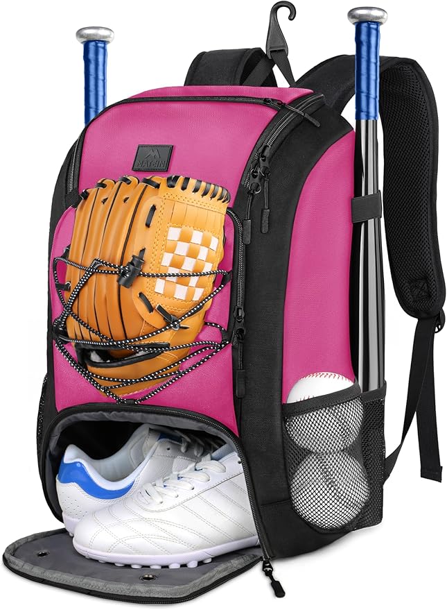 MATEIN Baseball Backpack, Softball Bat Bag with Shoes Compartment for Youth, Boys and Adult, Lightweight Baseball Bag with Fence Hook Hold TBall Bat, Batting Mitten, Helmet, Caps, Teeball Gear