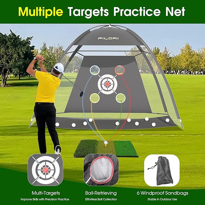 FILORI Golf Practice Net 10x7FT - Golf Hitting Net with Tri-Turf Mat, 8 Balls, Tee & Carry Bag, Indoor/Outdoor Backyard Training for Driving Chipping Swing, Ideal Gifts