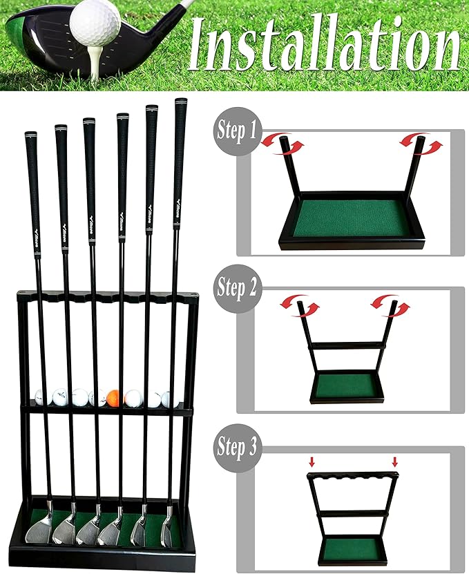 Golf Club Holder Stand, Wooden Golf Putter Stand Floor Display Rack, Golf Club Organizer Hold up to 6 Clubs and Ball Storage, Putter Rack for Indoor Club Simulator or Office
