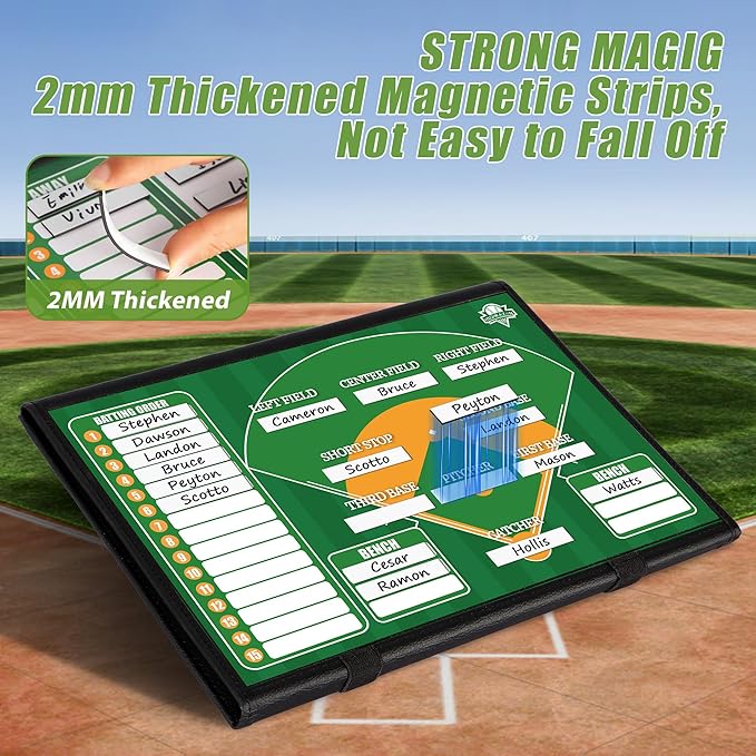 Magnetic Baseball Lineup Board - Collapsible Professional Softball & Baseball Coach Clipboard for Dugout, Leather Cover, 40 Lineup Cards, Markers & Eraser, Tactical Planning for Training & Games