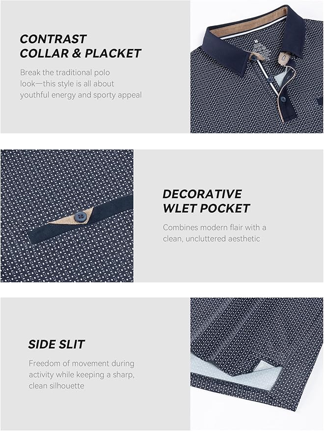Esabel.C Men's Golf Polo Shirts Print Moisture Wicking Short Sleeve Dry Fit Stretch Polo Shirts for Men with Faux Pocket