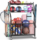 PLKOW Sports Equipment Storage for Garage, Indoor/Outdoor Sports Rack for Garage, Ball Storage Garage Organizer with Basket and Hooks,Toy/Sports Gear Storage