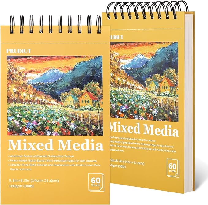 A5 Sketchbook, 2 Pack Mixed Media Sketchbook 120 Sheets Total, 98lb/160g/m² by Prudiut