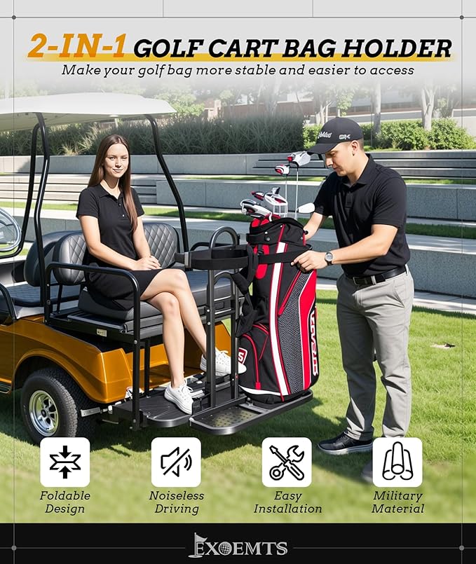 Foldable Golf Cart Rear Seat Bag Holder, Upgraded Golf Cart Rear Seat Bag Rack Only Fits 8-Inch Max Safety Grab Bar, for 4-Seater EZGO Club Car Yamaha, Preinstalled, Space-Saving, No-Drill