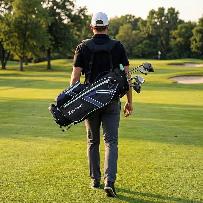 XDriveMax Golf Stand Bag with Accessory Pack, Lightweight 8-Way Top Dividers Golf Bag with Stand, Includes Insulated Cooler Pocket, Dual Strap & Rain Cover
