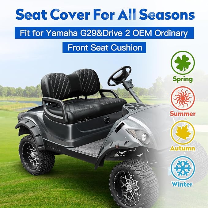 NOKINS Golf Cart Diamond Seat Covers Kit, Fit for Yamaha Drive/Drive2 OEM Standard Front Seat Cushion, No Nails Required & Easy to Clean, Breathable Vinyl Seat Covers (Black&Black Stitching)