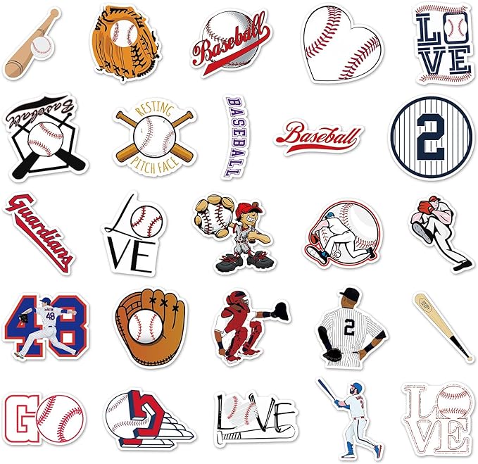 JOICEE 50pcs Baseball Stickers，Waterproof Vinyl Baseball Tattoos for Kids Teens Boys Adults, Sports Decals for Snowboard Laptop Water Bottles Hydro Flasks Phone Guitar Skateboard Computer