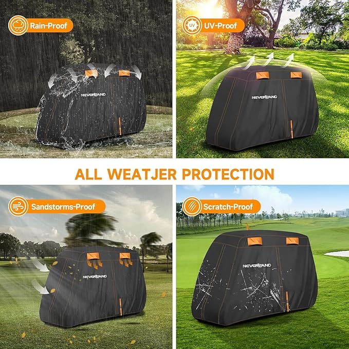 NEVERLAND Golf Cart Cover 4 Passenger, Heavy Duty 420D Golf Cart Covers, Waterproof Club Car Golf Cart Cover with Zipper Doors Compatible with EZGO Yamaha Club Car 4 Seat (Up to 115 Inch)