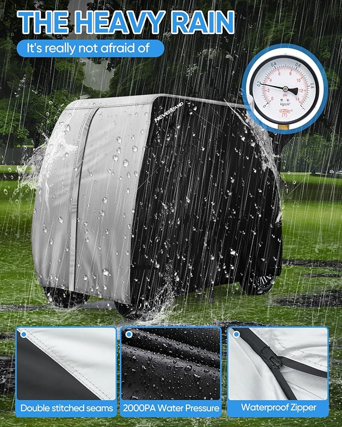 NEVERLAND Golf Cart Cover 4 Passenger - Outdoor Waterprood Golf Cart Covers, 420D Club Car Covers with Air Vent Compatible with EZGO Yamaha Club Car 4 Seat (Up to 112 Inch)-Black+Sliver