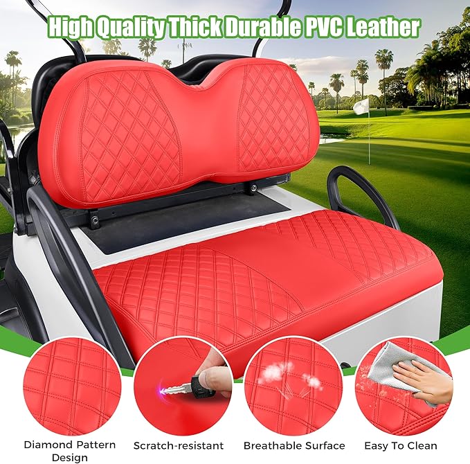 10L0L Golf Cart Seat Covers for Club Car Precedent,EZGO TXT Front/Rear Seats Diamond Pattern,Vinyl Leather with Adjustable Straps and Retractable Buckle, No Stapler Needed