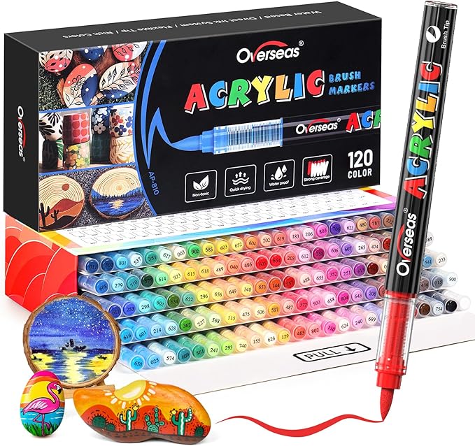 Overseas Acrylic Paint Markers 120 Colors, Brush Tip Paint Pens by Overseas