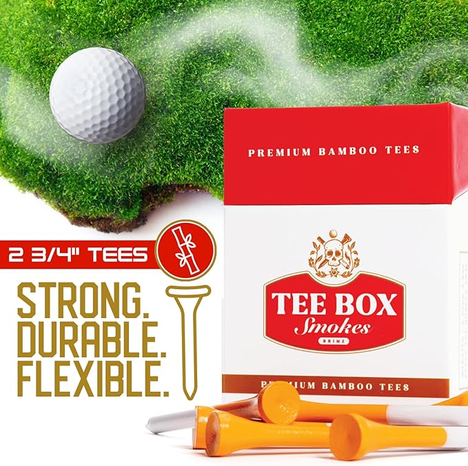 BRIMZ Tee Box Smokes Premium Bamboo Golf Tees – Magnetic Reusable Golf Tee Case – 2 ¾ Inch Eco Friendly Bamboo Tees – Funny Golf Gift for Men & Women – Golf Accessories (10 Tees)