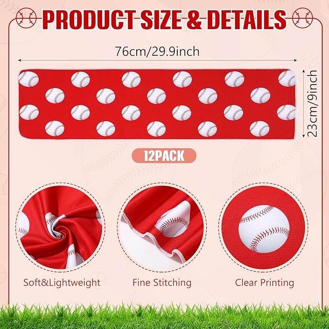 Peryiter 12 Counts Mini Cooling Towel, 30" x 9" Baseball Softball Soccer Golf Sweat Towel, Breathable Chilly Rag, Microfiber Sport Rags for Team Gym Running Coach Gift