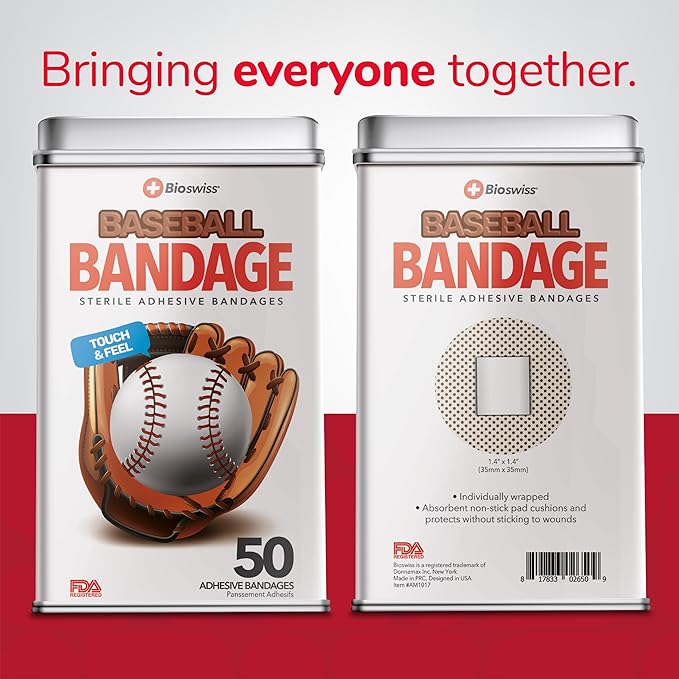 BioSwiss Bandages, Baseball Shaped Self Adhesive Bandage Set, Latex Free, Sterile Wound Care, 50 Count