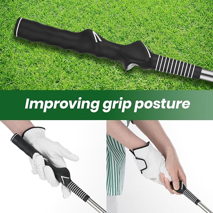5-in-1 Retractable Golf Swing Trainer, Training Aid with Grip Trainer, Swing Mechanics for Beginners & Tempo Training for Advanced, Click Feedback, Arm Connection, Right/Left-Handed, Indoor/Outdoor