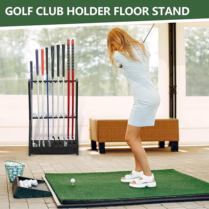 Golf Club Holder for 9 Clubs & 9 Balls, Solid Wood & Iron Golf Organizer, Golf Putter Holder Floor Stand, Golf Club Stand Suitable for Golf Simulators｜Golf Course Accessories