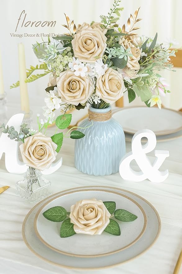 Floroom Artificial Flowers 25pcs Real Looking Champagne Gold Foam Fake Roses - Image 2