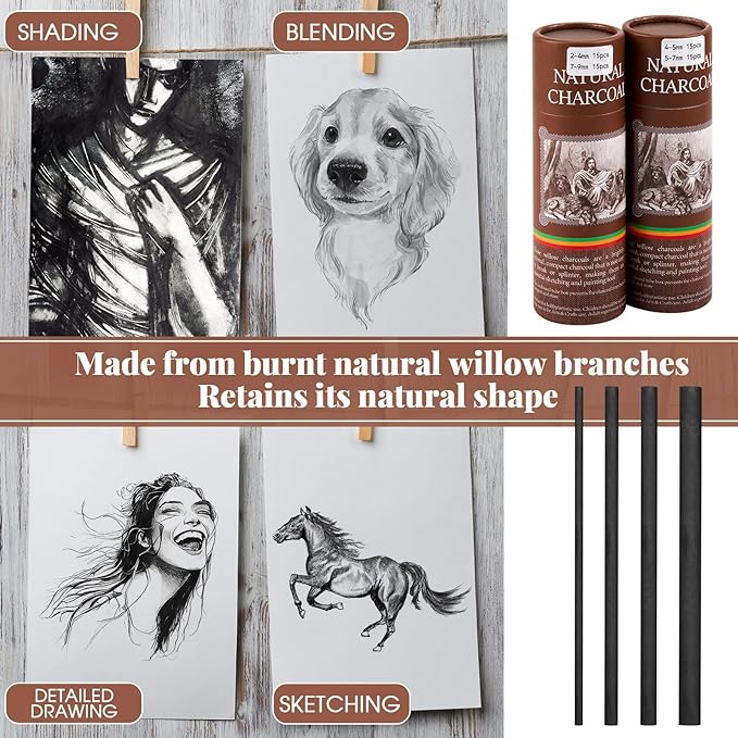 Gueevin 60 Pcs Willow Charcoal Sticks, Willow Charcoal, and Fine Art Christmas - Image 3