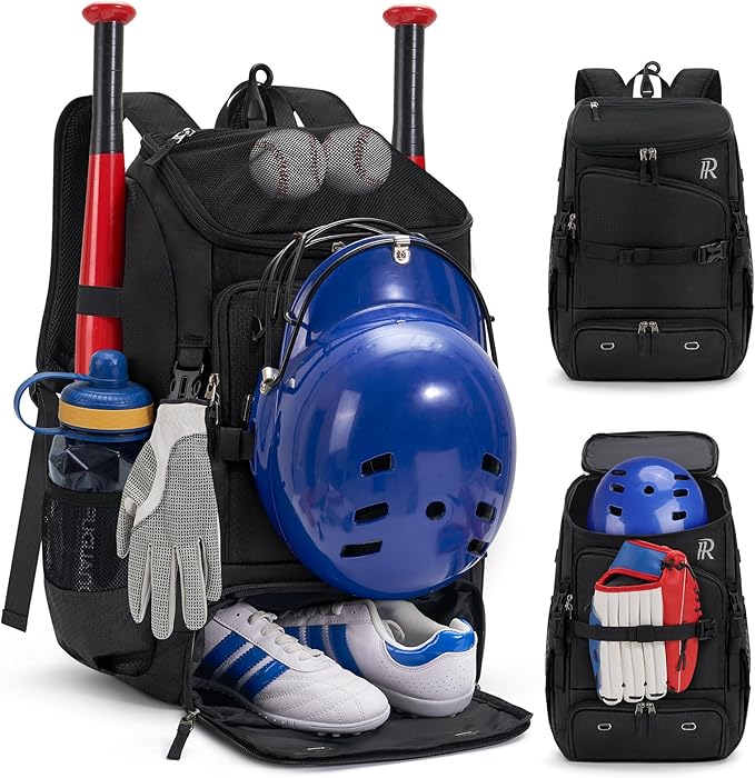 RAINSMORE Baseball Bag for Youth & Adult 40L Large Softball Bag Lightweight Baseball Backpack with Helmet Holder, Shoe Compartment, Fence Hook Waterproof Bat Bag for Baseball Softball Tball Equipment
