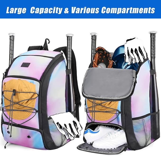 MATEIN Baseball Backpack, Softball Bat Bag with Shoes Compartment for Youth, Boys and Adult, Lightweight Baseball Bag with Fence Hook Hold TBall Bat, Batting Mitten, Helmet, Caps, Teeball Gear