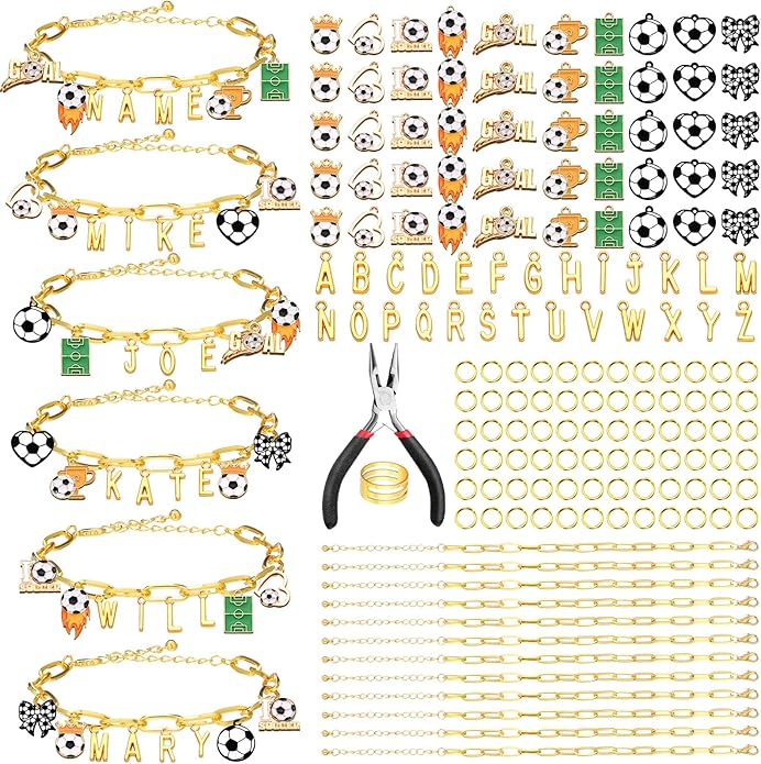 Kigeli 394 Pcs Sports Bracelets for Women DIY Game Bracelets kit Softball Baseball Football Jewelry Crafts Adjustable Gold Letter Charms Keychain for Team Sport Lovers Gifts