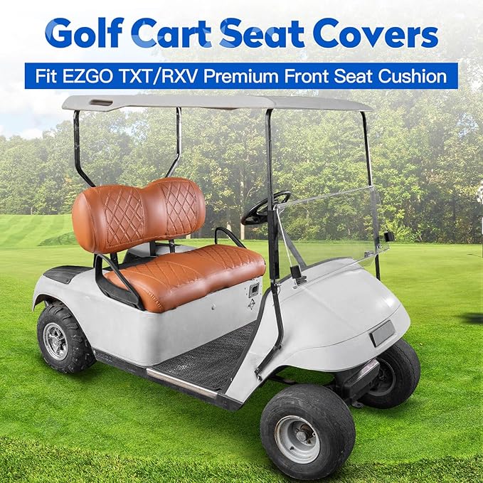 NOKINS Golf Cart Seat Covers Fit EZGO TXT RXV Freedom Liberty Express Premium Front Seat Cushion, Golf Cart Accessories Replacement Premium Front Seat Covers, No Stapler (All Brown)