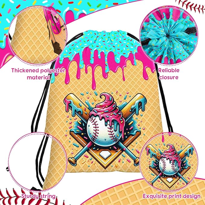 Woanger 24 Pcs Ice Cream Drip Baseball Drawstring Bags Bulk 11.81x9.84 Inch Sport Party Favor Backpacks Baseball Gift Bags Waterproof Lightweight String Cinch Backpacks for Travel Sport Camp Party
