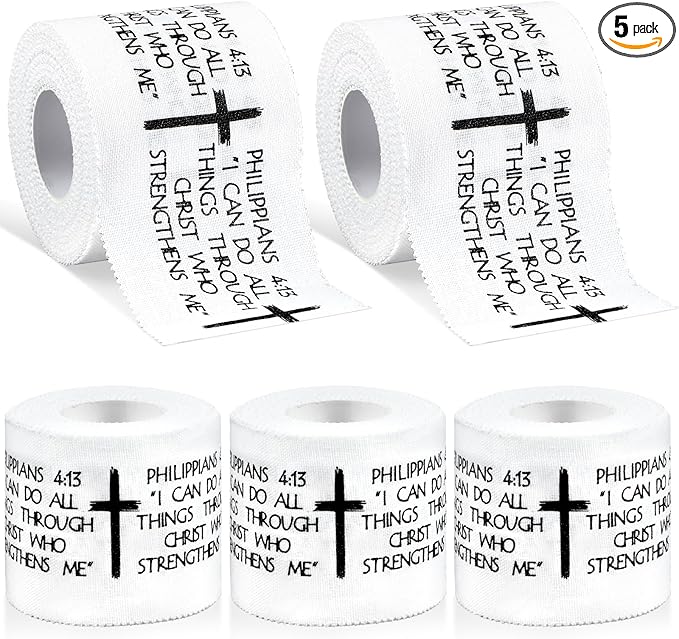 5Pcs Christian Athletic Tape 2in x 23ft Cotton Zinc Oxide Sport Faith Cross Sports Wristbands Religious Bible Verse Wrist Tape for Football Baseball Athlete Gymnastic Boxing First Aid Injury Wrap