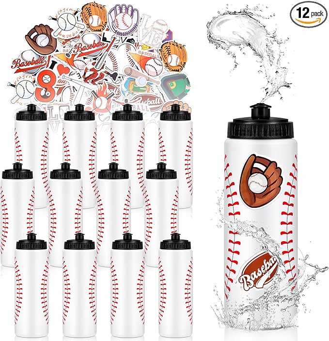 DI QIU REN 12 PCS Baseball Water Bottle Bulk with 300 PCS Stickers, 20 OZ Plastic Reusable Baseball Water Bottles for Boys, Squeeze Water Bottles Sports for Team, Sports Bottles Squeeze for Gym