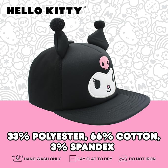 Hello Kitty Baseball Cap, Women's Snapback Hat with Flat Brim and 3D Ribbon and Ears