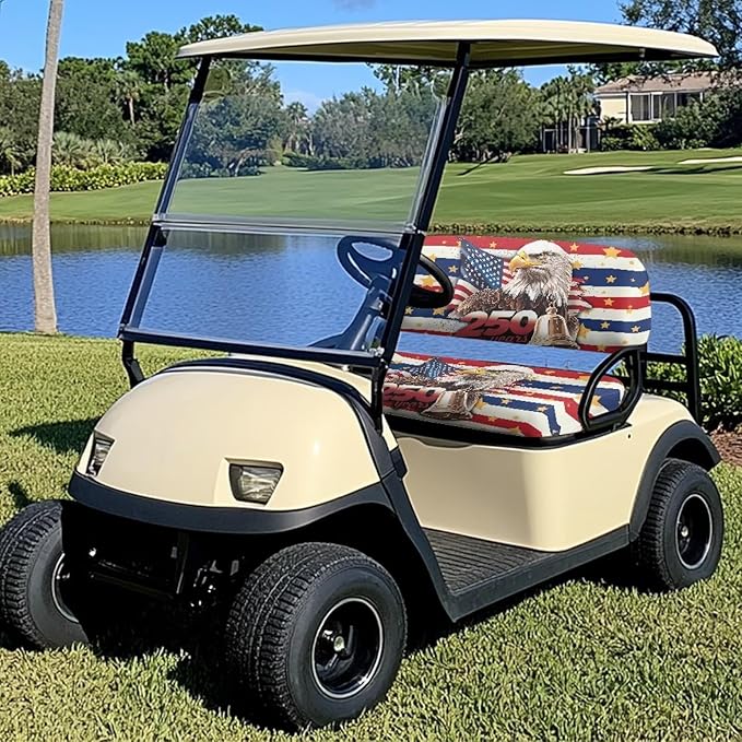 Bulopur 250 Years American Golf Cart Towel Seat Cover Non-Slip Breathable Golf Cart Cushion Cover and Backrest Cover 2 Pack Golfcart Accessory for Golfer Gifts