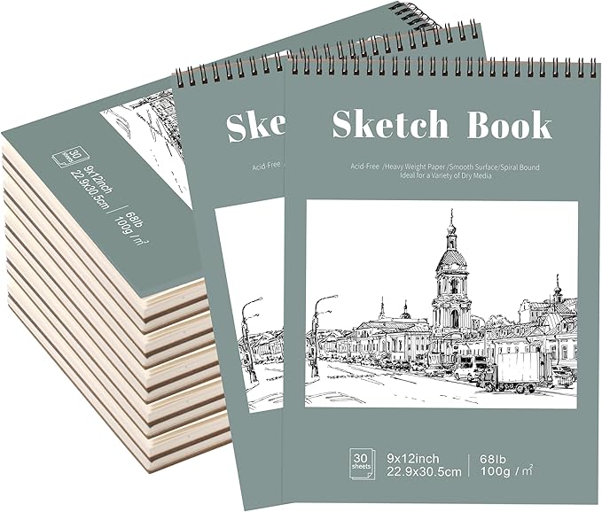 12 Pack Sketch Book, 9 x 12 Inch Sketchbook, 68lb/100gsm Top Spiral Bound by Prudiut