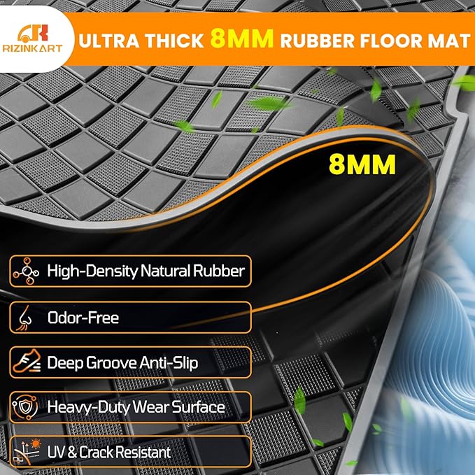 8mm Heavy Duty Rubber Golf Cart Floor Mat,Upgraded Full Coverage Liner for Club Car Precedent 2004-2025,Onward&Tempo 2017-2025,Villager & V4L 2019-2025,Non-Slip Textured,Grey Trim