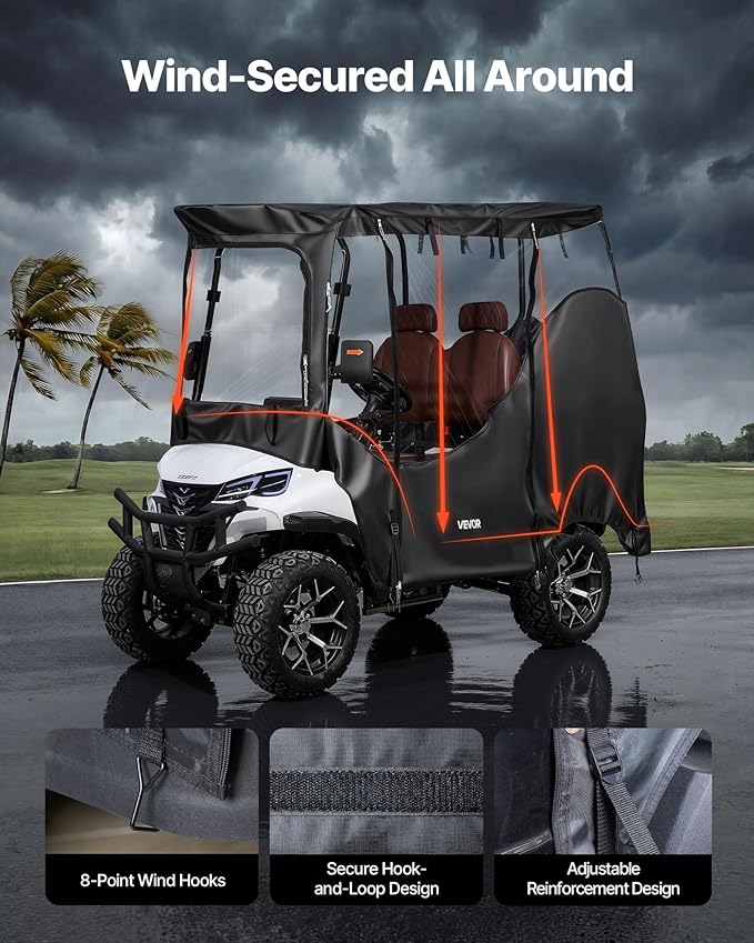 VEVOR Golf Cart Cover, Visible Full-Enclosure 2&2+2 Passenger Golf Cart, 600D Waterproof Oxford Fabric Club Car Cover Fits Most Carts Club Car, Yamaha, EZGO, Honda, PVC Coating & Windproof Hook Design