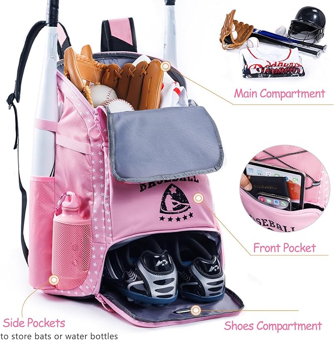 Baseball Bag for Youth & Adult with 4 Bat Sleeves - Softball Bat Bag with Shoe Compartment - Baseball Backpack for T-Ball, Softball Equipment, Baseball Gear, Baseball Bags for Boys 8-12