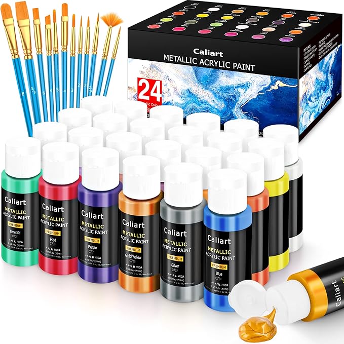 Acrylic Paint Set With 12 Brushes, 24 Colors Art Craft Paints by Caliart