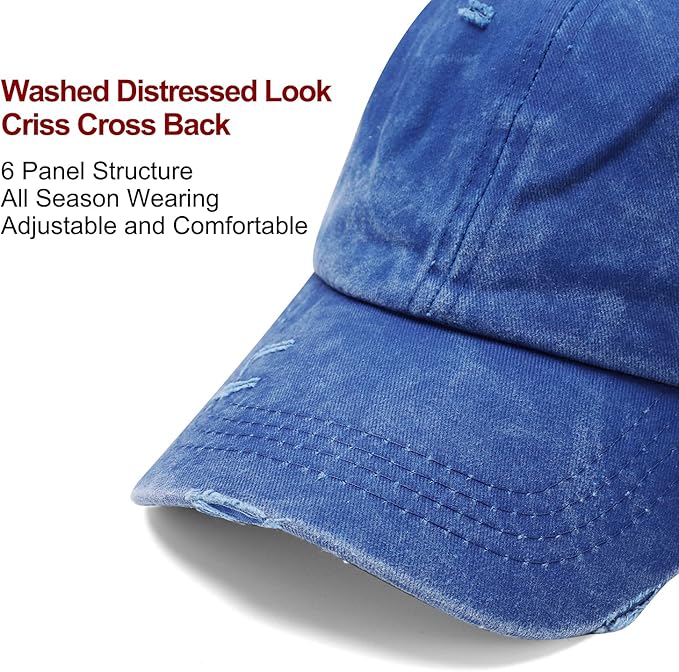 Criss Cross Hat Washed Distressed Baseball Cap Ponytail Hat High Messy Bun Ponycap for Women
