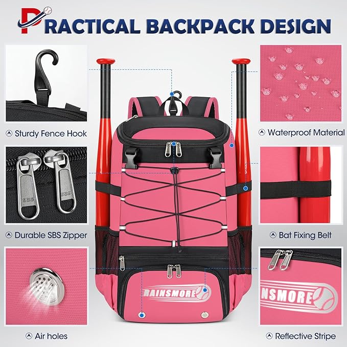 RAINSMORE Baseball Bag for Youth & Adult Lightweight Softball Bat Bag with Shoe Compartment, External Helmet Holder and Fence Hook Waterproof Baseball Backpack Hold T-Ball, Bat and Softball Equipment