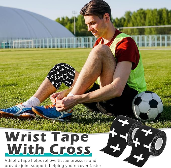 TrelaCo 2 Pcs Wrist Tape Baseball Cross Athletic 2in x 23ft Cotton Cross Wrist Tape Serrated Edges for Fingers Ankles Injury Wrap, Football Baseball Hockey Soccer (Black)