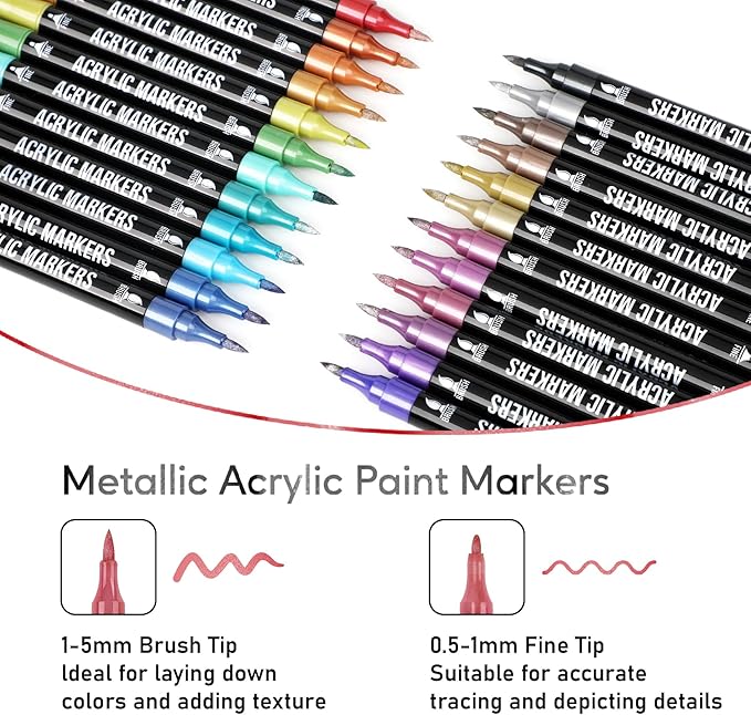 24 Metallic Colors Acrylic Paint Markers, Dual Tip - Image 2