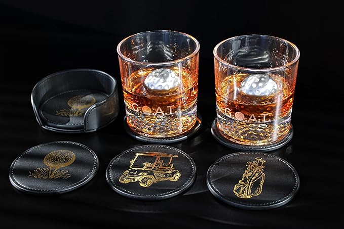 NOBLESIP® Golf Theme Coaster Set of 6 with Holder, Premium Black with Gold Designs, Bar Accessories for Golf Enthusiasts. Unique Decorative Designs. Home bar Gift, Golfer Gift