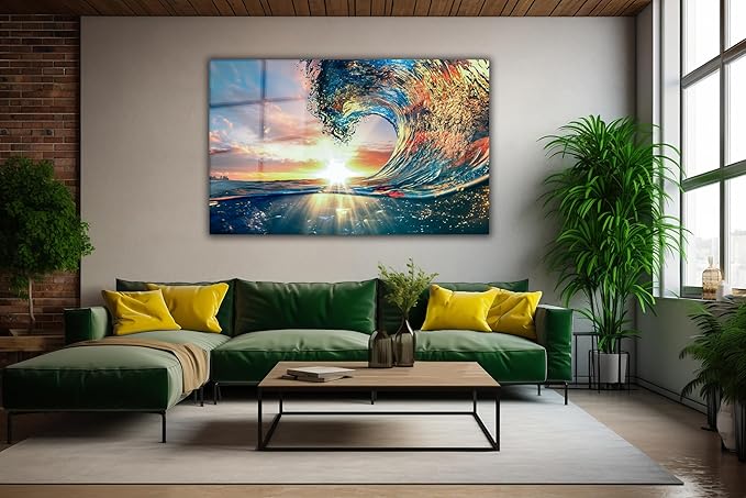 SpiritualHands Shining Sun and Waves Printed Tempered Glass Wall Art Painting - Image 3