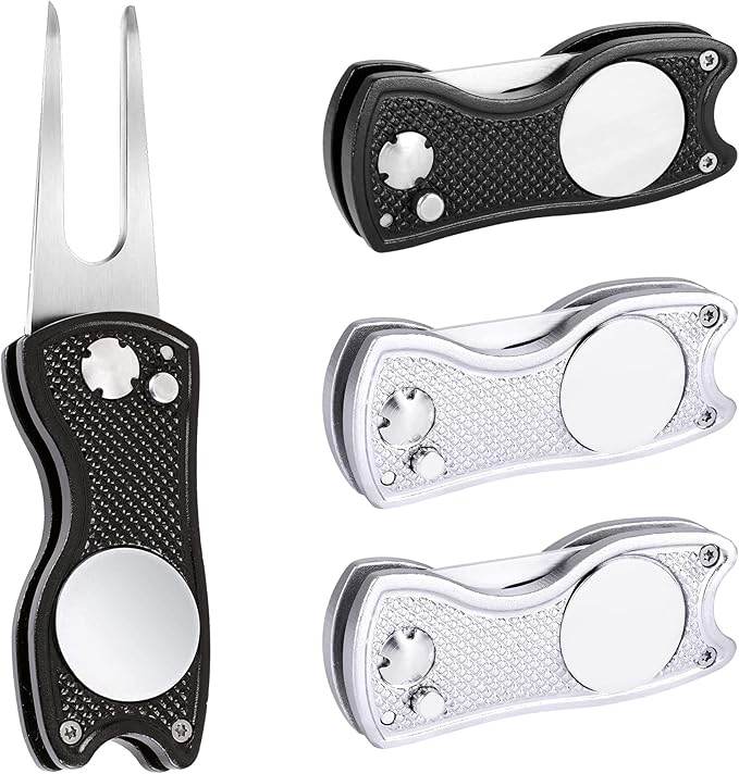 Mile High Life Golf Divot Repair Tool, All Metal Foldable Divot Tool with Pop-up Button & Magnetic Ball Marker, 2-6 Pack