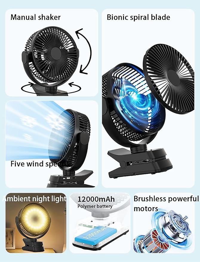 8-inch Magnetic Clip on Fan for Golf Cart, 12000mAH Battery Operated Portable Fan with 5 Speeds, LED Lantern, Magnetic Base, Compatible with EZGO Club Car Yamaha, Ideal Golf Cart Accessories