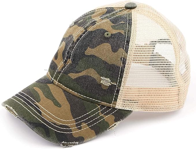 Funky Junque Trucker Hat for Women – Distressed Low Profile Western Camo Baseball Cap with Mesh, Trendy and Adjustable Fit