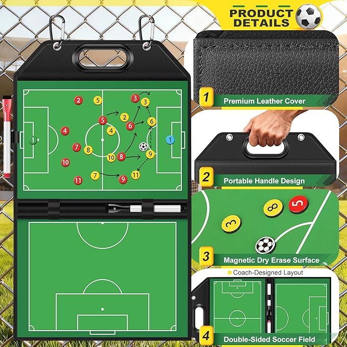 Soccer Coaching Board with Leather Cover, Magnetic Dry Erase Clipboard with Handle for Soccer Coaches | Foldable Full & Half Field Tactics Board with Markers and Clips