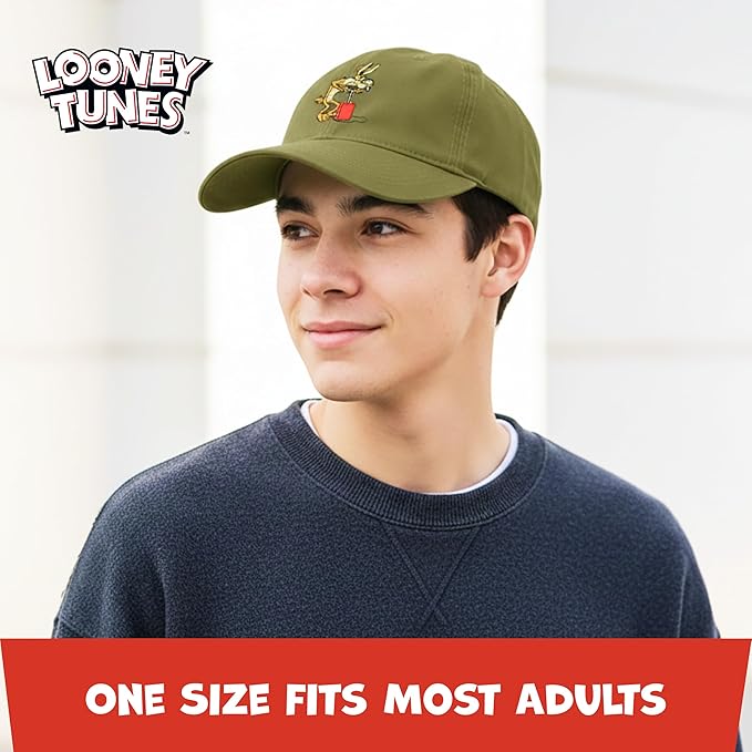 Looney Tunes Baseball Cap, Wile E. Coyote and Road Runner Adult Adjustable Cotton Dad Hat with Curved Brim for Men and Women, Olive, One Size