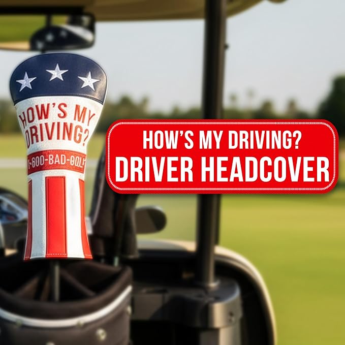 Shanker Golf - Funny Driver Headcover - How's My Driving Driver Cover - Funny Golf Gift for Men - Tour Grade PU Leather - Soft Velour Lining – Fits All Drivers - Funny Golf Gift for Men
